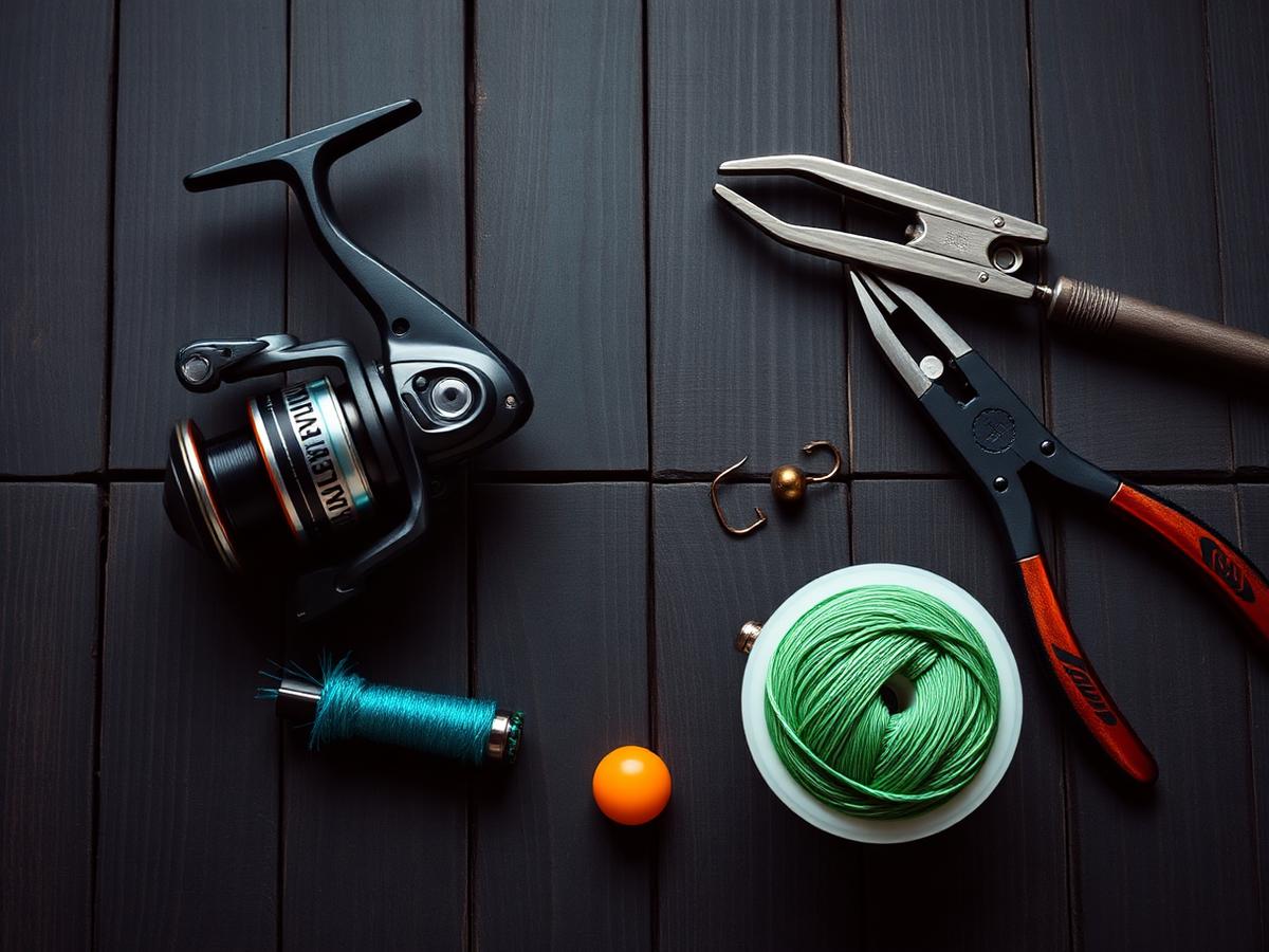 Equipo de pesca profesional sobre madera oscura