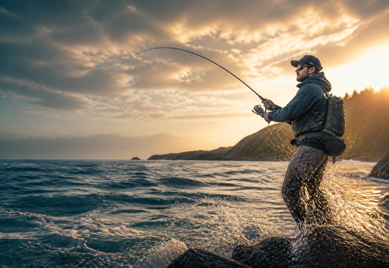 Pescador deportivo lanzando desde la costa al amanecer